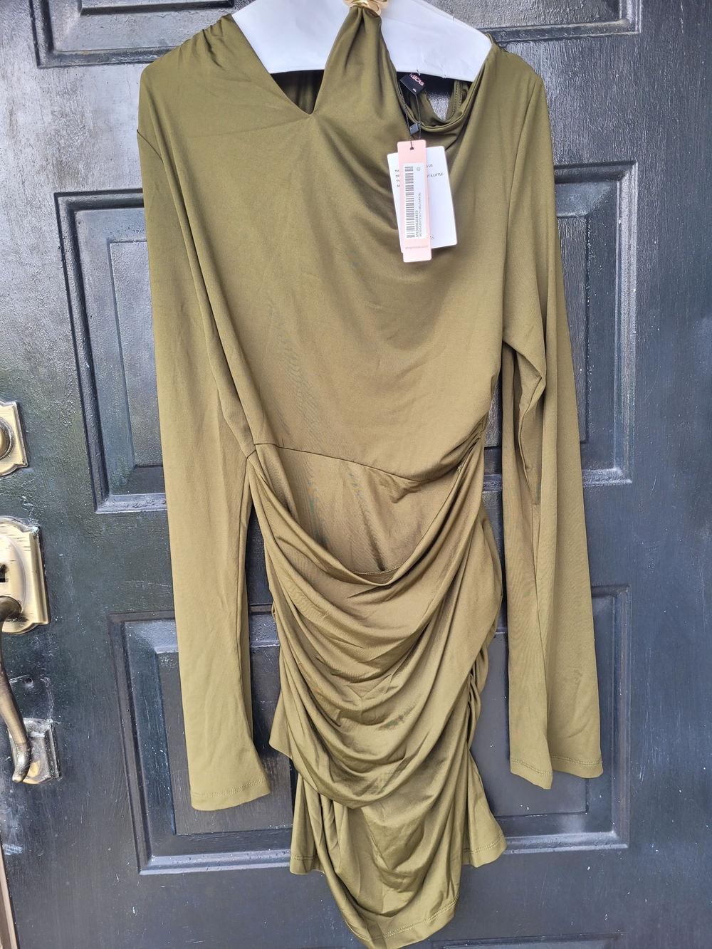 Ruched Olive Long-Sleeve Draped Dress - Women